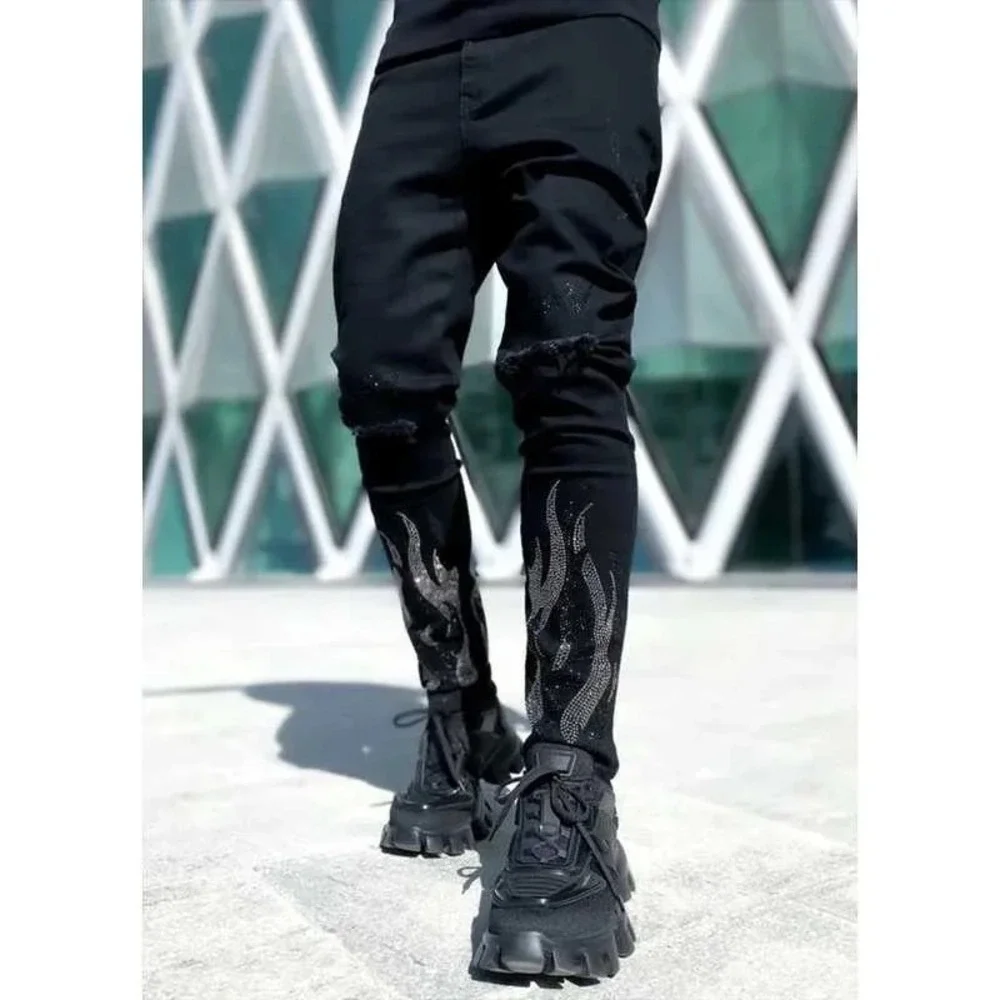 Guapi NEW Men's Rhinestone Flame Jeans Black Distressed Denim Slim‎ Fit Size 40